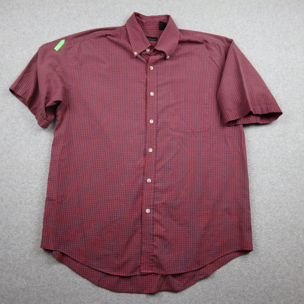 Van Heusen Button Down Shirt Mens Medium Red Navy Gingham Short Sleeve Casual